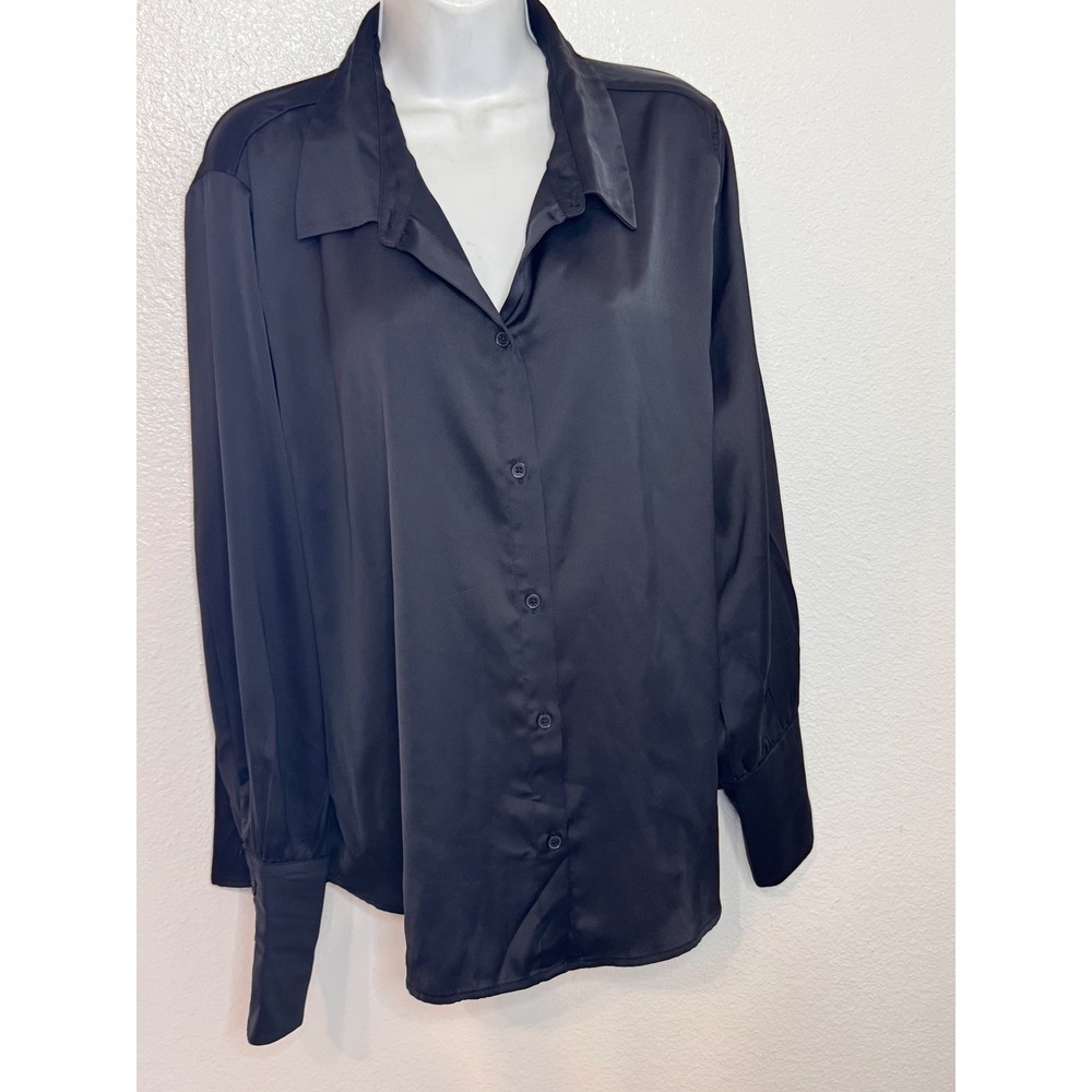 Joie Women Black Satin Button Down Blouse Long Sleeve Shirt XL NEW